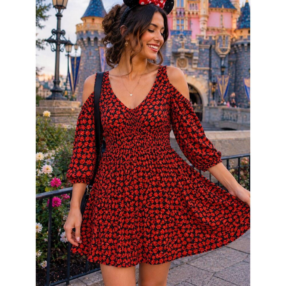 Disney Alice Wonderland Hearts Dress Cold Shoulder Valentine Cottagecore Large
